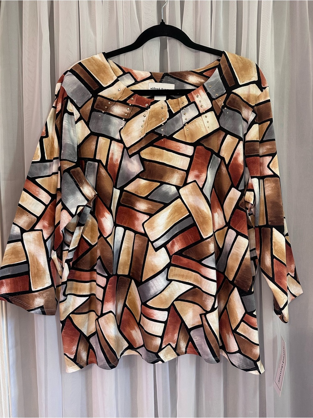Alfred Dunner Brown Gold Multi Abstract Geometric 3/4 Sleeve Top Size XL